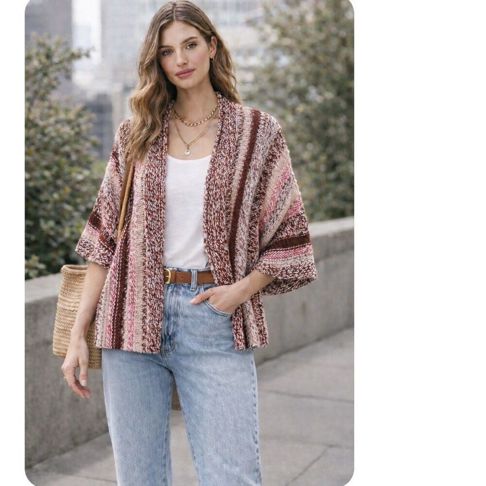 J Jill Textured Chunky Knit Open Front Cardigan Cream Pink Cotton Blend Size S